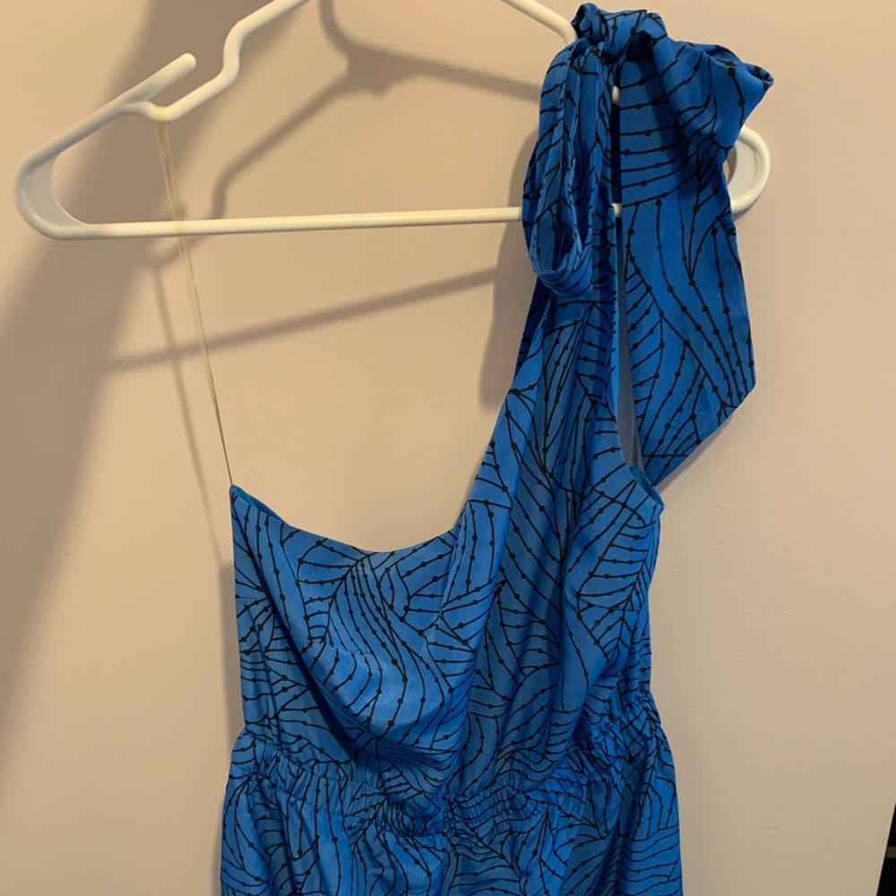 Ezra Blue midi dress. One shoulder tie.